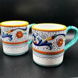 Vietri Italy Hand Painted Umbria Mugs Set of 2 Deruta Style Coffee Cups Scroll